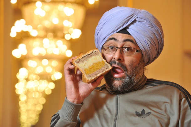 Well known tv presenter and comic,Hardeep Singh Khol launches the 2013 Scotland Food and Drink Excellence Awards with Mr.Cs haggis neeps and tatties pie.Photograph by Rob McDougall & Taste Communications.